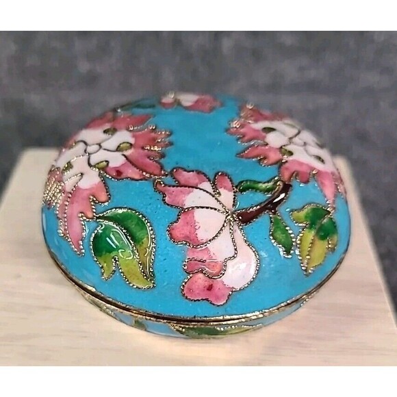 Vintage Cloisonne Small Round Enameled Trinket Box Blue Floral 2.75 In. - Picture 2 of 6